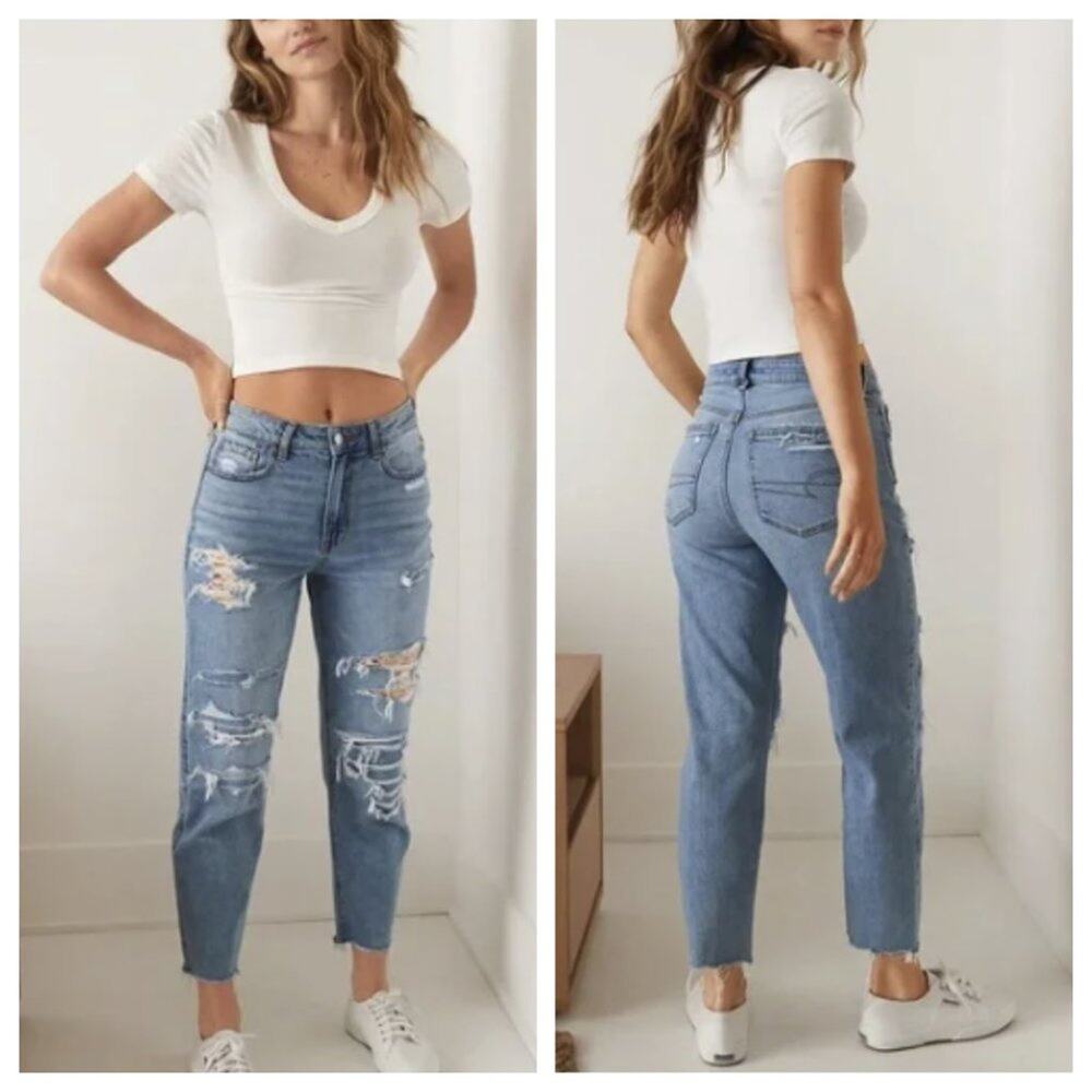 American Eagle Women's Patched Mom Straight Jean Medium Wash Size 8